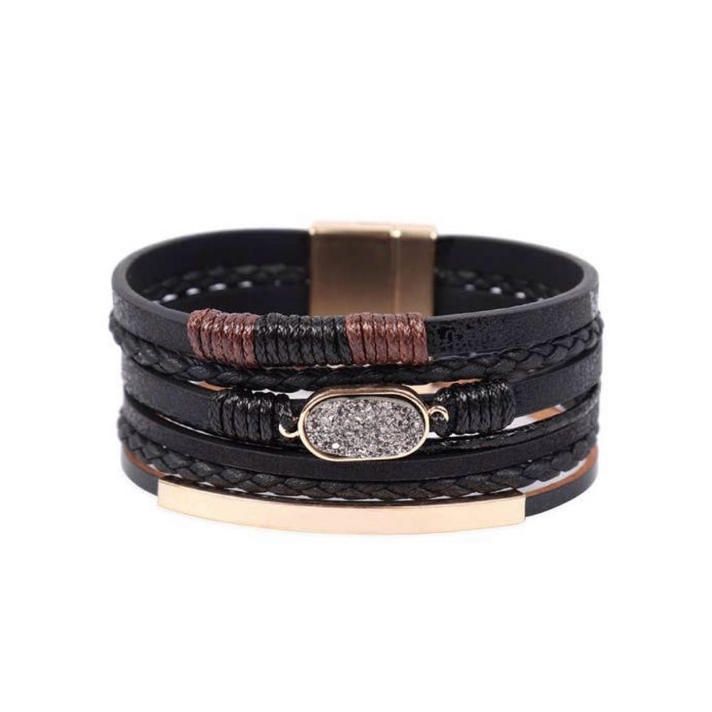 Multilayer Leather‎ With Black Stone Magnetic Lock Bracelet